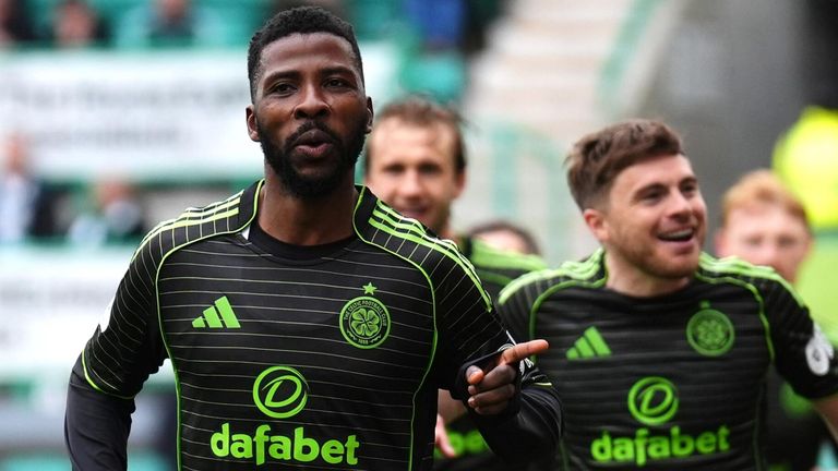 Kelechi Iheanacho celebrates after scoring the winner for Celtic at Hibernian