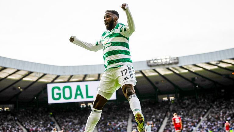 GLASGOW, SCOTLAND - MAY 23: Celtic...s Kelechi Iheanacho celebrates after scoring to make it 3-0 during the Scottish Gas Men's Scottish Cup Final between Celtic and Dunfermline Athletic at Barclays Hampden, on May 23, 2026, in Glasgow, Scotland. (Photo by Craig Williamson / SNS Group)