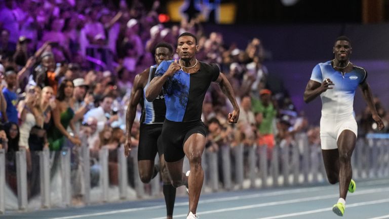 Fred Kerley, of the United States, competes in the men's 100-meter final at the Enhanced Games in Las Vegas