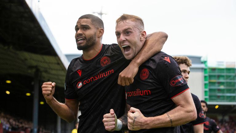 GLASGOW, SCOTLAND - MAY 21: St Mirren's Killian Phillips (R) celebrates with Mikael Mandron after scoring to make it 1-0 during a William Hill Premiership Playoff Final First Leg match between Partick Thistle and St Mirren at The Wyre Stadium at Firhill, on May 21, 2026, in Glasgow, Scotland. (Photo by Alan Harvey / SNS Group)