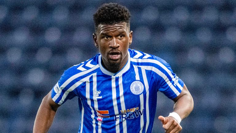 KILMARNOCK, SCOTLAND - MAY 12: Kilmarnock's Aaron Tshibola in action during a William Hill Premiership match between Kilmarnock and Dundee at the BBSP Stadium Rugby Park, on May 12, 2026, in Kilmarnock, Scotland. (Photo by Rob Casey / SNS Group)