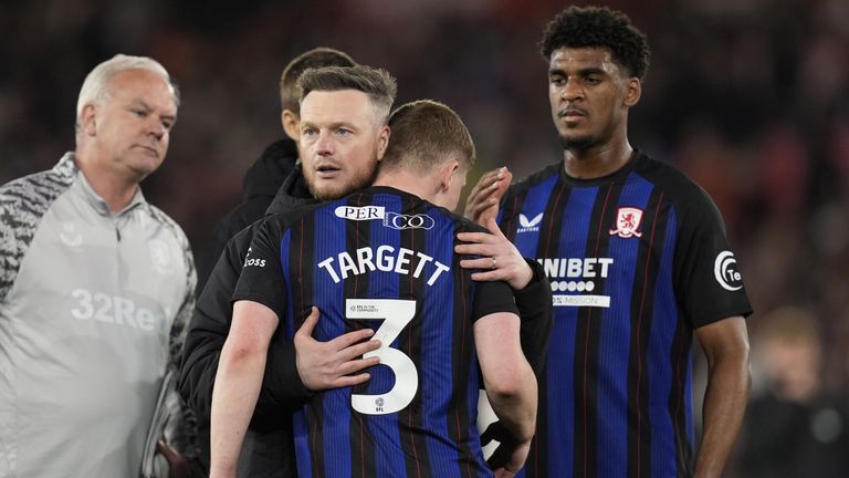 Middlesbrough boss Kim Hellberg consoles Matt Targett after their play-off defeat
