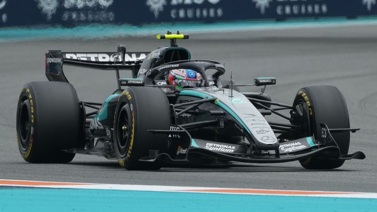 Mercedes driver Kimi Antonelli of Italy steers his car during the Miami Formula One Grand Prix auto race, Sunday, May 3, 2026, in Miami Gardens, Fla. (AP Photo/Marta Lavandier)