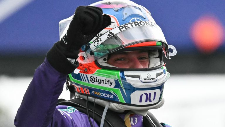 Mercedes' Italian driver Kimi Antonelli celebrates after winning the 2026 Miami Formula One Grand Prix at Miami International Autodrome in Miami Gardens, Florida, on May 3, 2026. (Photo by CHANDAN KHANNA / AFP)