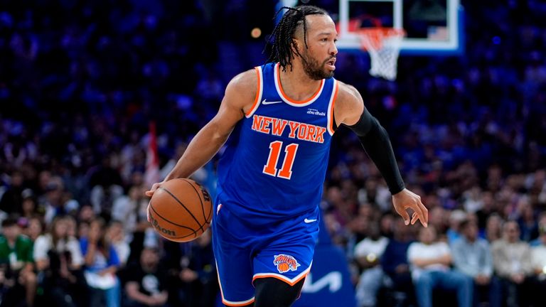 New York Knicks' Jalen Brunson plays during Game 4 of a second-round NBA basketball playoff series, Sunday, May 10, 2026, in Philadelphia. (AP Photo/Matt Slocum)