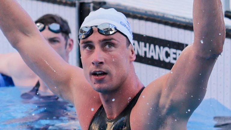 Greek swimmer Kristian Gkolomeev reacts after winning the men's 100m freestyle during the Enhanced Games at Resorts World Las Vegas in Las Vegas, Nevada, on May 24, 2026. The first-ever Enhanced Games -- widely dubbed the "Steroid Olympics" -- took place Sunday in Las Vegas, where elite sprinters, swimmers and weightlifters will vie for world records while taking banned performance-enhancing drugs. (Photo by ETIENNE LAURENT / AFP)
