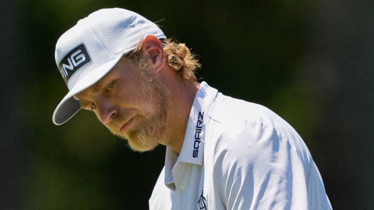 Kristoffer Reitan, of Norway, reacts after missing a putt on the fifth hole during the final round of the Truist Championship