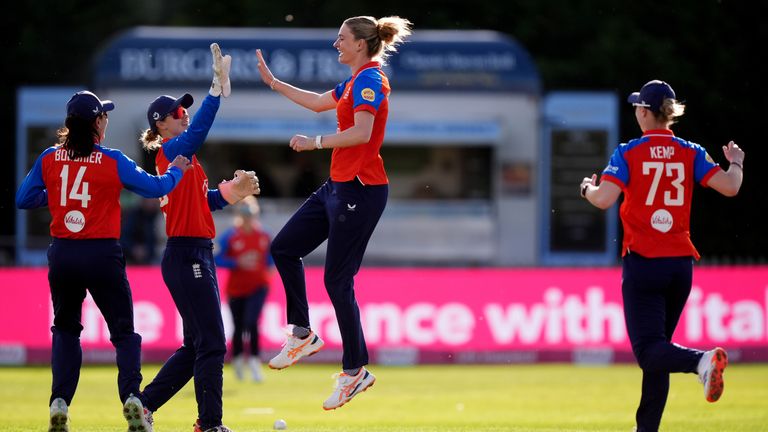 England's Lauren Bell celebrates taking an early wicket against New Zealand