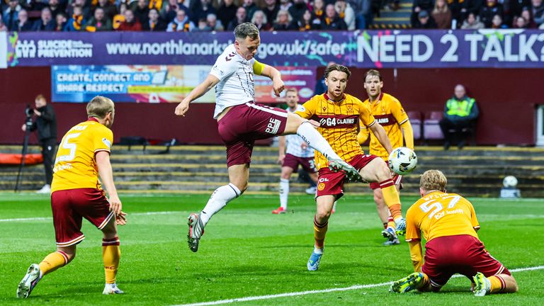 Hearts' Lawrence Shankland scores to make it 1-1 during a William Hill Premiership match between Motherwell and Heart of Midlothian 