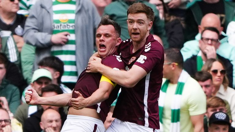 Lawrence Shankland celebrates after heading Hearts in front at Celtic