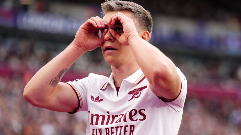 Arsenal's Leandro Trossard celebrates his goal at the London Stadium