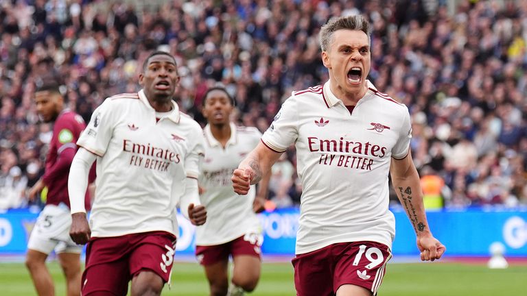 Arsenal's Leandro Trossard (right) celebrates scoring the opening goal of the game