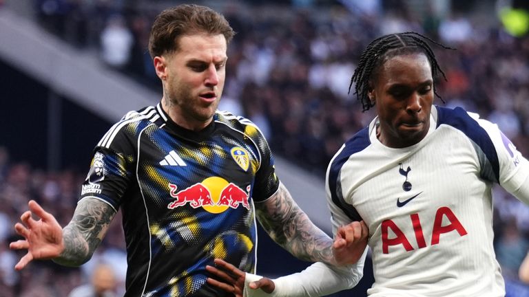 Leeds United's Joe Rodon and Tottenham Hotspur's Mathys Tel battle for the ball