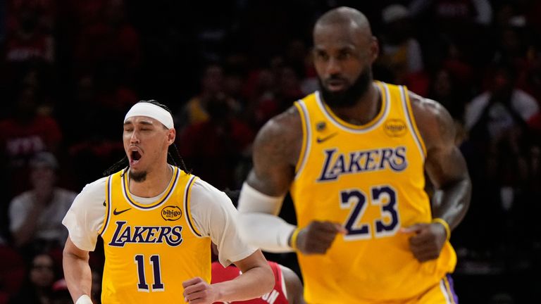 Los Angeles Lakers center Jaxson Hayes (11) celebrates during the second half of Game 6 of a first-round NBA playoffs basketball series agai