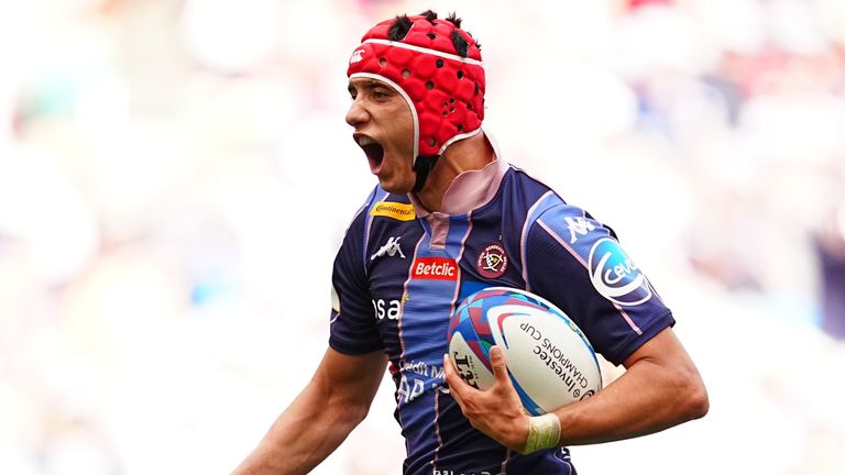 Bordeaux's Louis Bielle-Biarrey celebrates scoring a try during the European Champions Cup final (AP Photo/Miguel Oses)