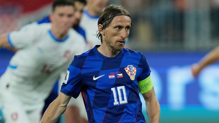 FILE - Croatia's Luka Modric scores his side's second goal from a penalty spot during a World Cup 2026 group L qualifying soccer match between Croatia and Czech Republic at the Opus Arena in Osijek, Croatia, Monday, June 9, 2025. (AP Photo/Darko Band
