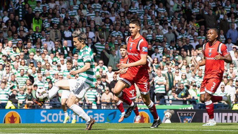GLASGOW, SCOTLAND - MAY 23: Celtic's Daizen Maeda scores to make it 1-0 during the Scottish Gas Men's Scottish Cup Final between Celtic and Dunfermline Athletic at Barclays Hampden, on May 23, 2026, in Glasgow, Scotland. (Photo by Alan Harvey / SNS Group)
