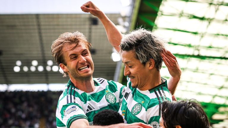 GLASGOW, SCOTLAND - MAY 10: Celtic...s Daizen Maeda celebrates with Kelechi Iheanacho and Benjamin Nygren after scoring to make it 2-1 during a William Hill Premiership match between Celtic and Rangers at Celtic Park, on May 10, 2026, in Glasgow, Scotland.   (Photo by Craig Williamson / SNS Group)