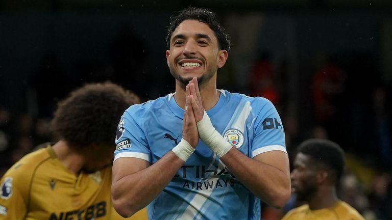 Manchester City's Omar Marmoush reacts during the English Premier League soccer match between Manchester City and Crystal Palace in Manchester, England, Wednesday, May 13, 2026. (AP Photo/Ian Hodgson)