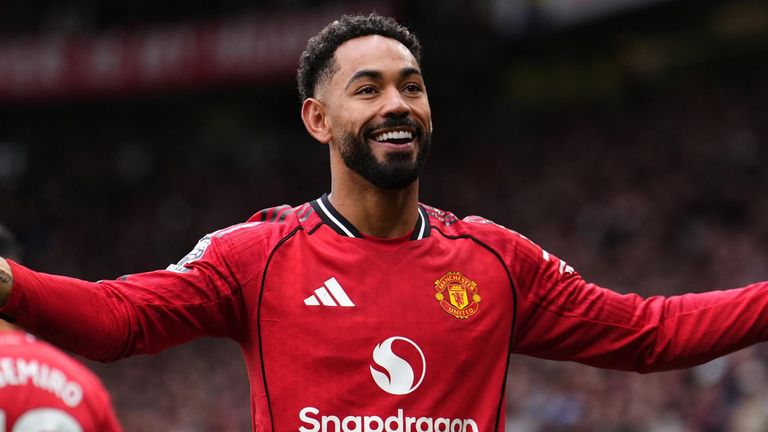 Matheus Cunha celebrates after giving Manchester United an early lead against Liverpool at Old Trafford
