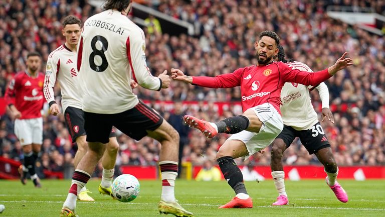 Matheus Cunha opens the scoring for Manchester United against Liverpool