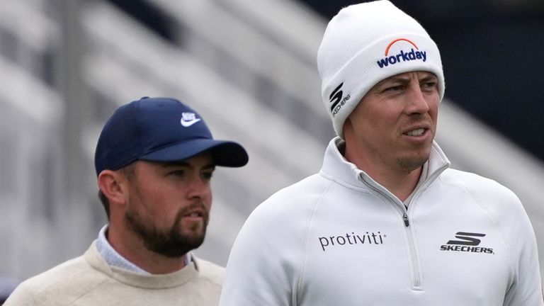 Matt Fitzpatrick, right, and Alex Fitzpatrick walk down the ninth hole during practice before the PGA Championship golf tournament