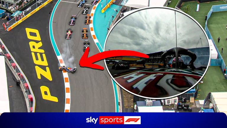 Watch new footage of Max Verstappen styling out a 360 spin in a chaotic opening lap in Miami.