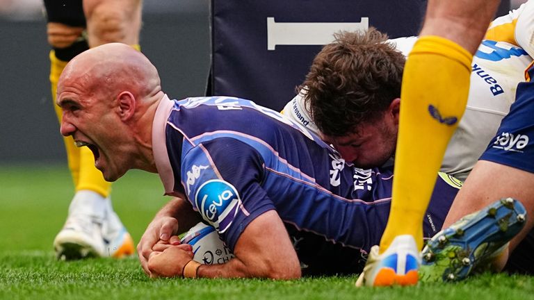 Bordeaux's Maxime Lucu celebrates after scoring a try during the Champions Cup final (AP Photo/Miguel Oses)