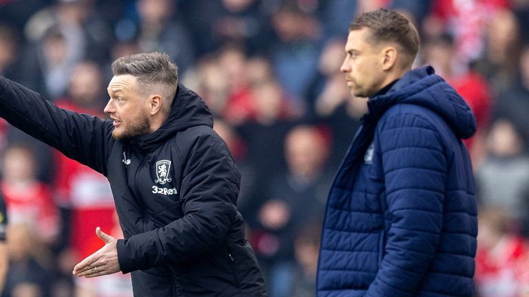 Kim Hellberg (Middlesbrough) and Tonda Eckert (Southampton) on the touchline of the play-off semi-final first leg