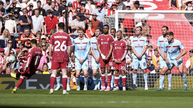 Mohamed Salah curls a free-kick wide against Brentford