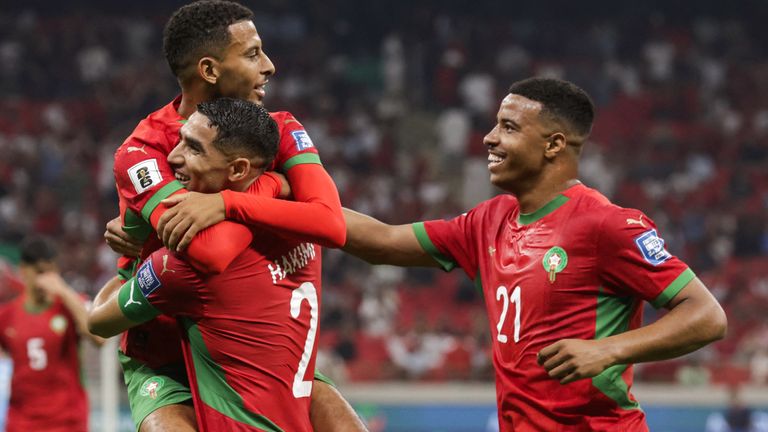 Morocco's midfielder Azzedine Ounahi celebrates scoring with teammates during the FIFA World Cup 2026 Group E African qualification 