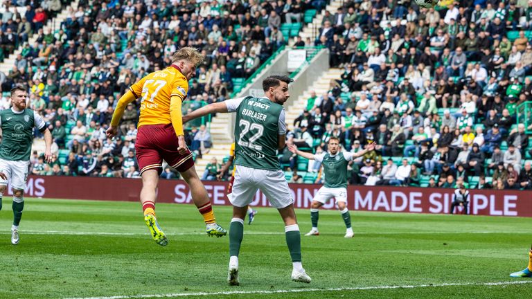 Motherwell's Stephen Welsh scores to make it 2-0 but the goal is ruled out for a foul 