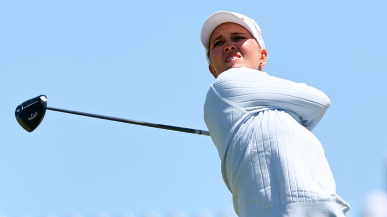 WEST CALDWELL, NJ - MAY 07: Nanna Koerstz Madsen of Denmark tees off at the first tee during the first round of the LPGA Mizuho Americas Open on May 7, 2026 at Mountain Ridge Country Club in West Caldwell, New Jersey. (Photo by Rich Graessle/Icon Sportswire) (Icon Sportswire via AP Images)