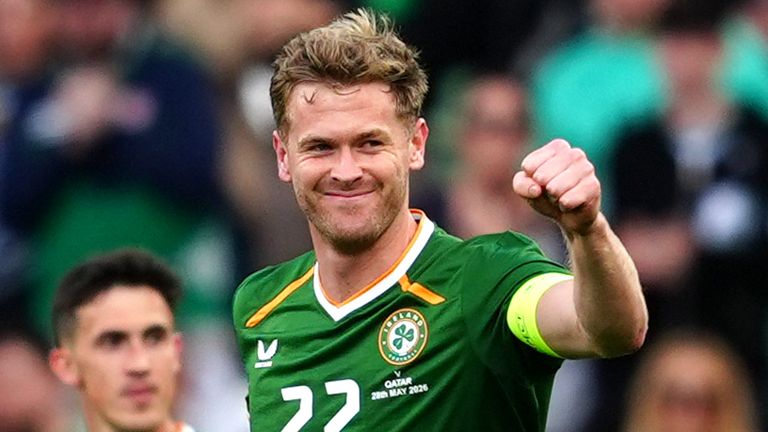 Republic of Ireland's Nathan Collins celebrates scoring against Qatar