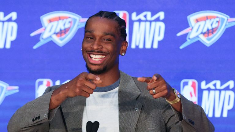 Oklahoma City Thunder guard Shai Gilgeous-Alexander gestures during a news conference after being named MVP