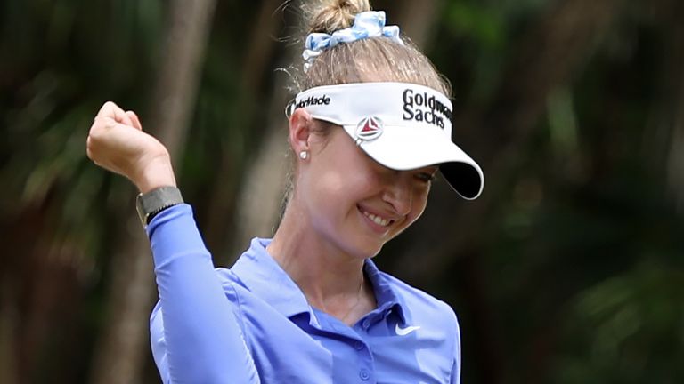 Nelly Korda celebrates after winning the Mexico Riviera Maya Open at Mayakoba 