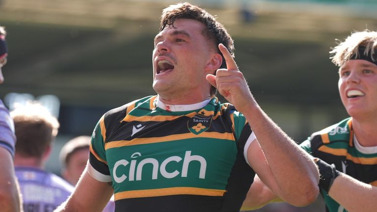 Northampton Saints' George Furbank celebrates scoring his side's winning try