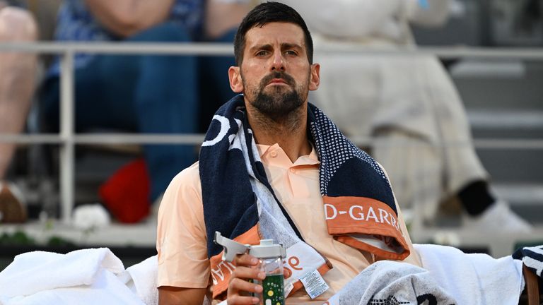 Novak Djokovic in action against France's Giovanni Mpetshi Perricard (not seen) during a first-round men's singles match on the opening day 
