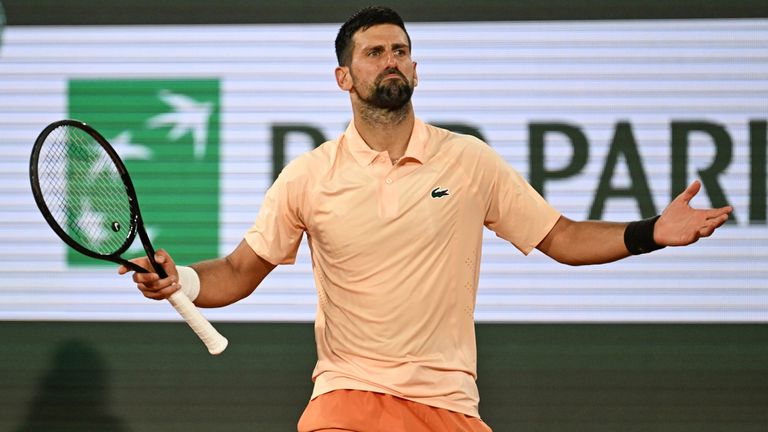 Novak Djokovic of Serbia celebrates after winning the first round men's singles tennis match against against Giovanni Mpetshi Perricard of F