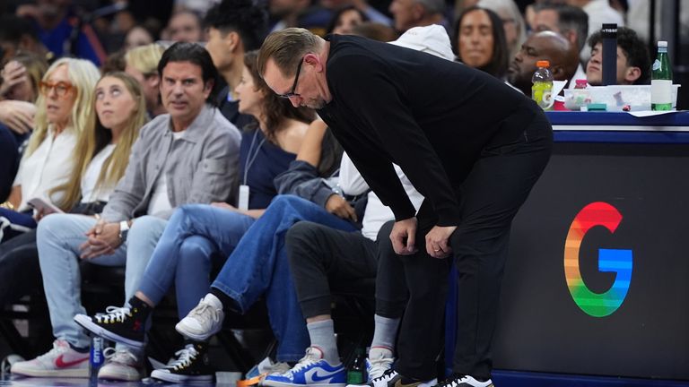Philadelphia 76ers' Nick Nurse reacts during the second half of Game 4