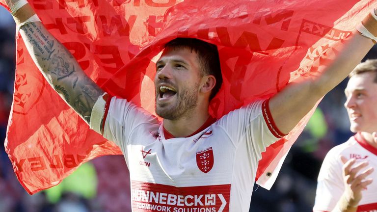 Oliver Gildart celebrates Hull KR's victory.