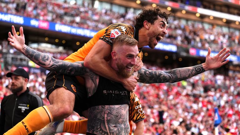 Hull City's Oliver McBurnie celebrates scoring in the play-off final