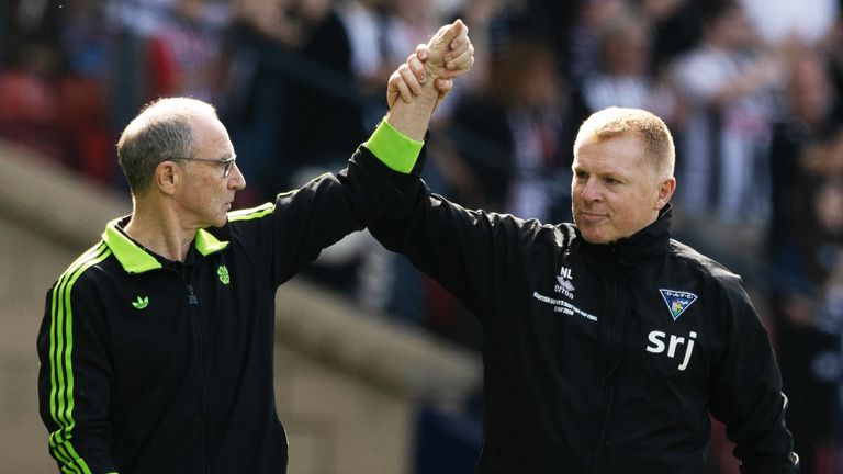 Neil Lennon congratulates his former Celtic boss Martin O'Neill at full time