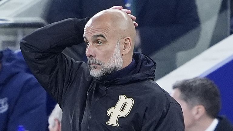 Manchester City manager Pep Guardiola reacts on the touchline during the Premier League match at Hill Dickinson Stadium, Liverpool