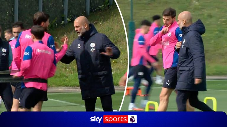 Pep Guardiola and Ruben Dias appeared to have exchanged some choice words as the Man City centre-back returned to training from his injury. 