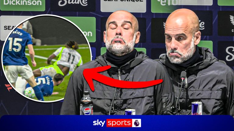 Pep Guardiola issues a sarcastic response when asked if Michael Keane should have seen red for his late tackle on Jeremy Doku.