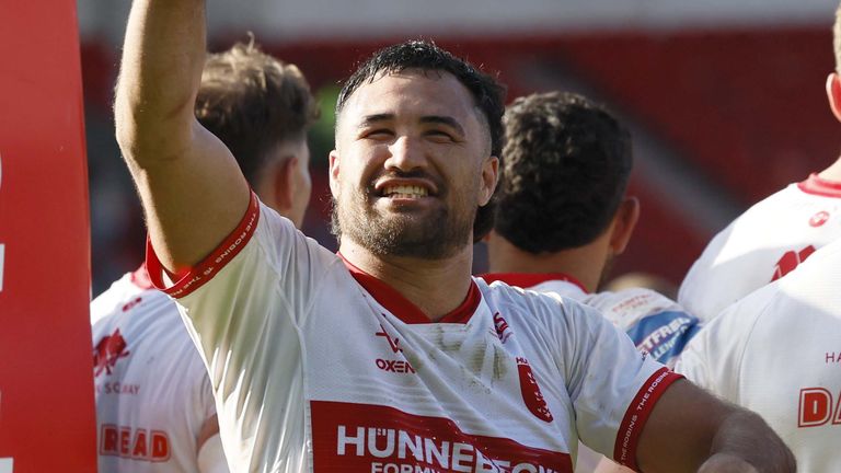 Hull Kingston Rovers' Peta Hiku celebrates following the Betfred Challenge Cup semi-final match at the Eco-Power Stadium, Doncaster. 