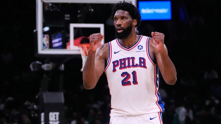 Philadelphia 76ers center Joel Embiid (21) pumps his fists after making a basket against the Boston Celtics during the second half of Game 5