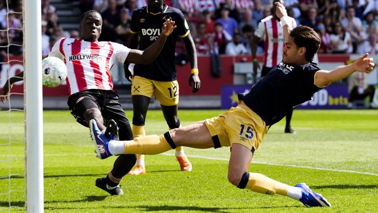 Konstantinos Mavropanos scores an own goal to give Brentford a 1-0 lead against West Ham
