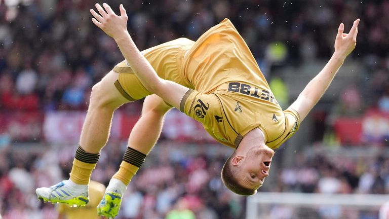 Adam Wharton celebrates in fine style after scoring against Brentford